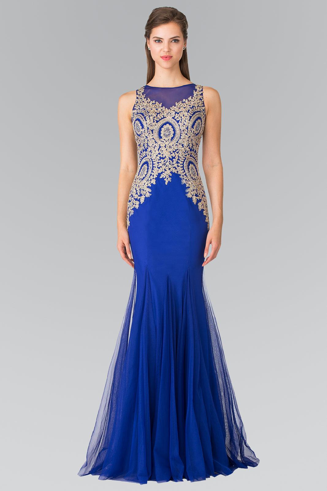 Embroidered Boidce Long Prom Dress with Sheer Back - The Dress Outlet Elizabeth K