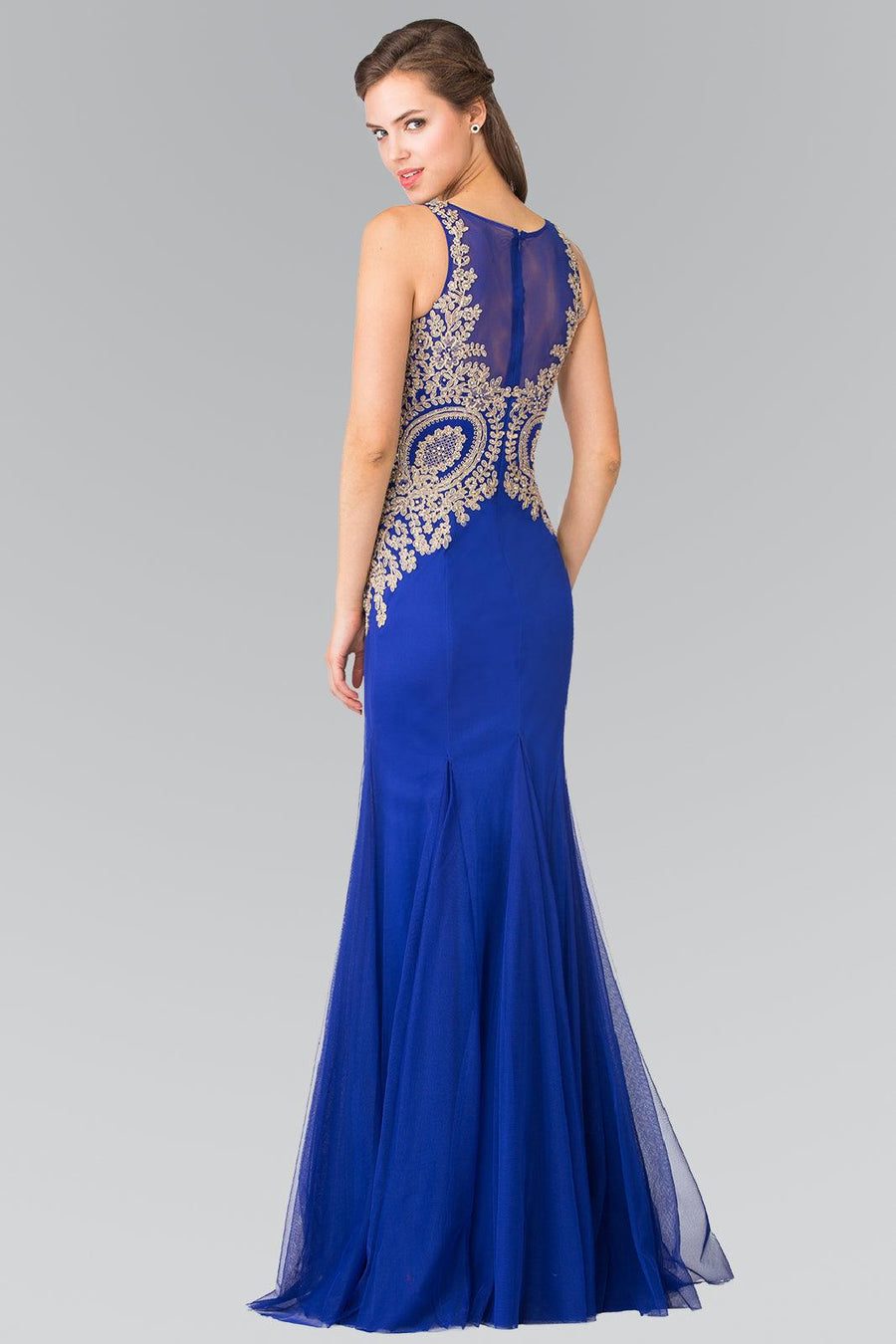 Embroidered Boidce Long Prom Dress with Sheer Back - The Dress Outlet Elizabeth K