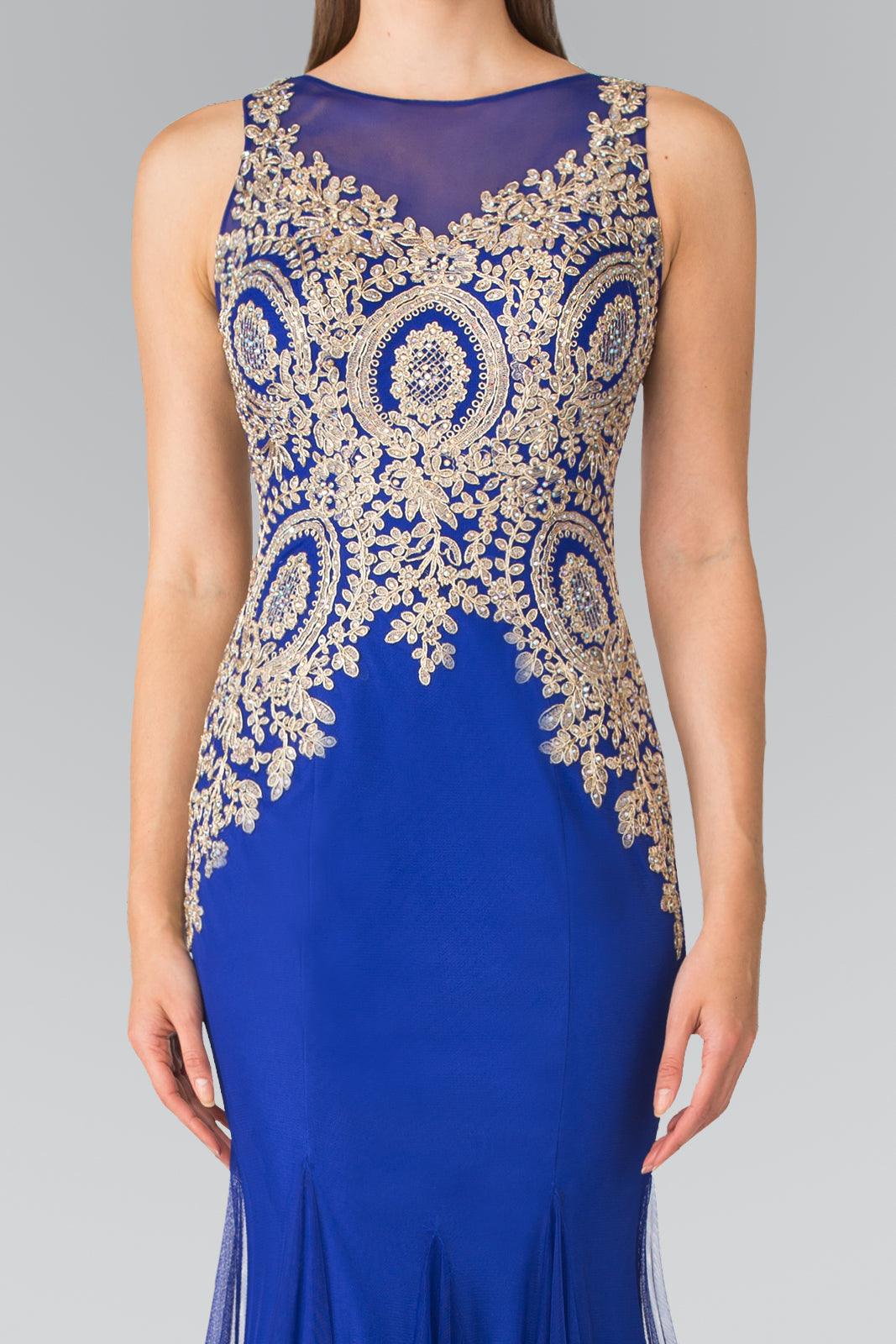 Embroidered Boidce Long Prom Dress with Sheer Back - The Dress Outlet Elizabeth K