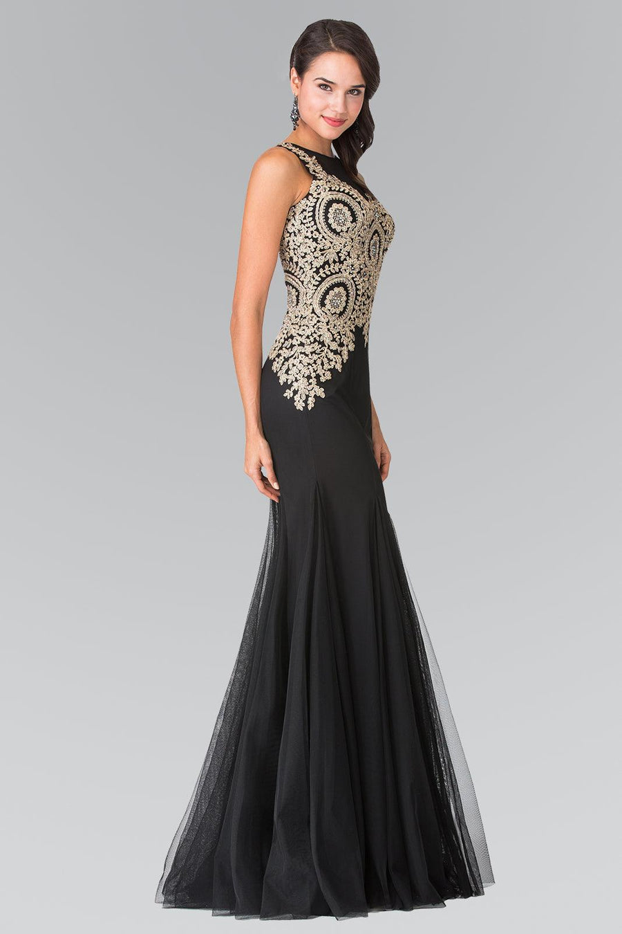 Embroidered Boidce Long Prom Dress with Sheer Back - The Dress Outlet Elizabeth K