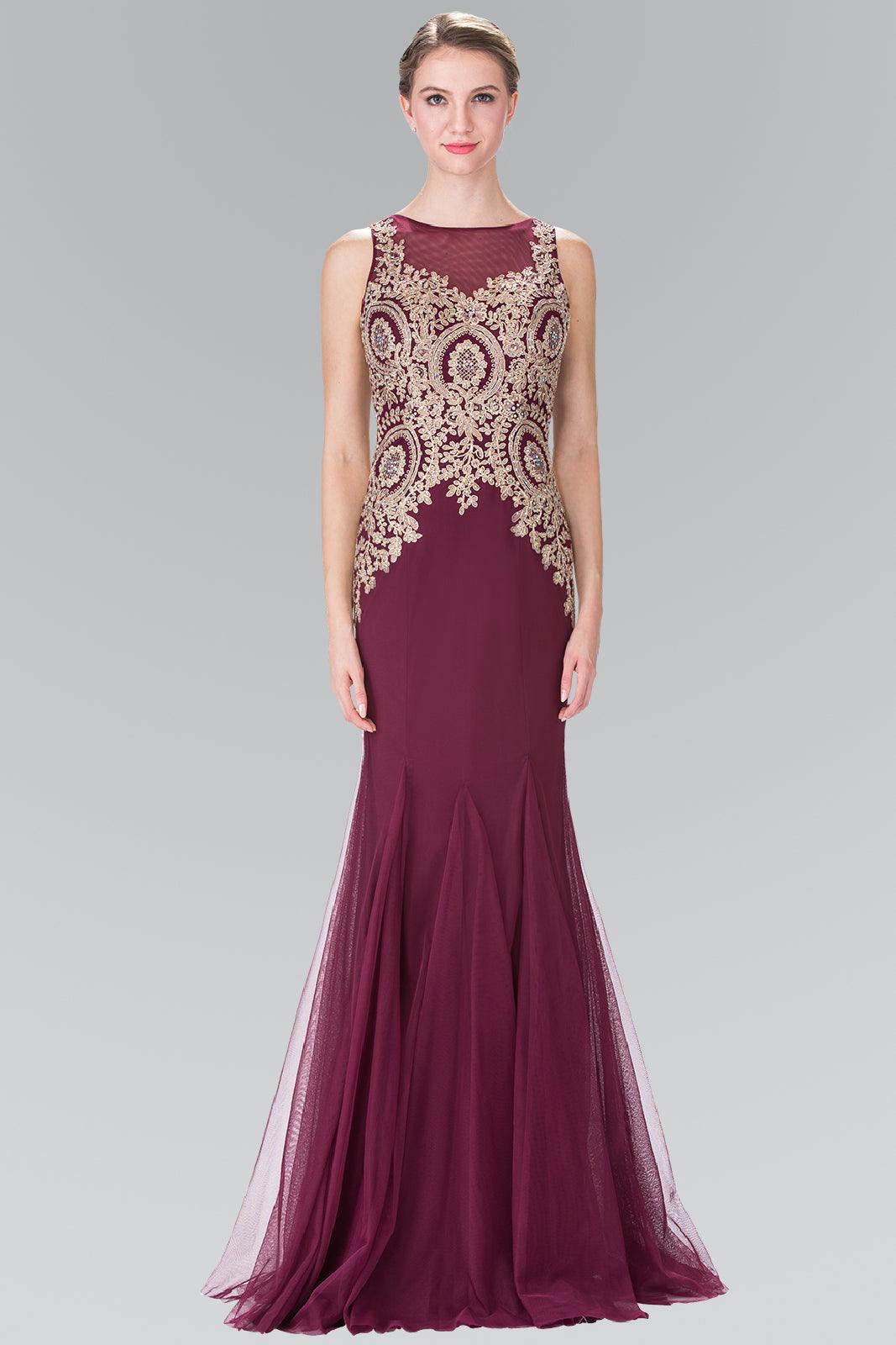 Embroidered Boidce Long Prom Dress with Sheer Back - The Dress Outlet Elizabeth K