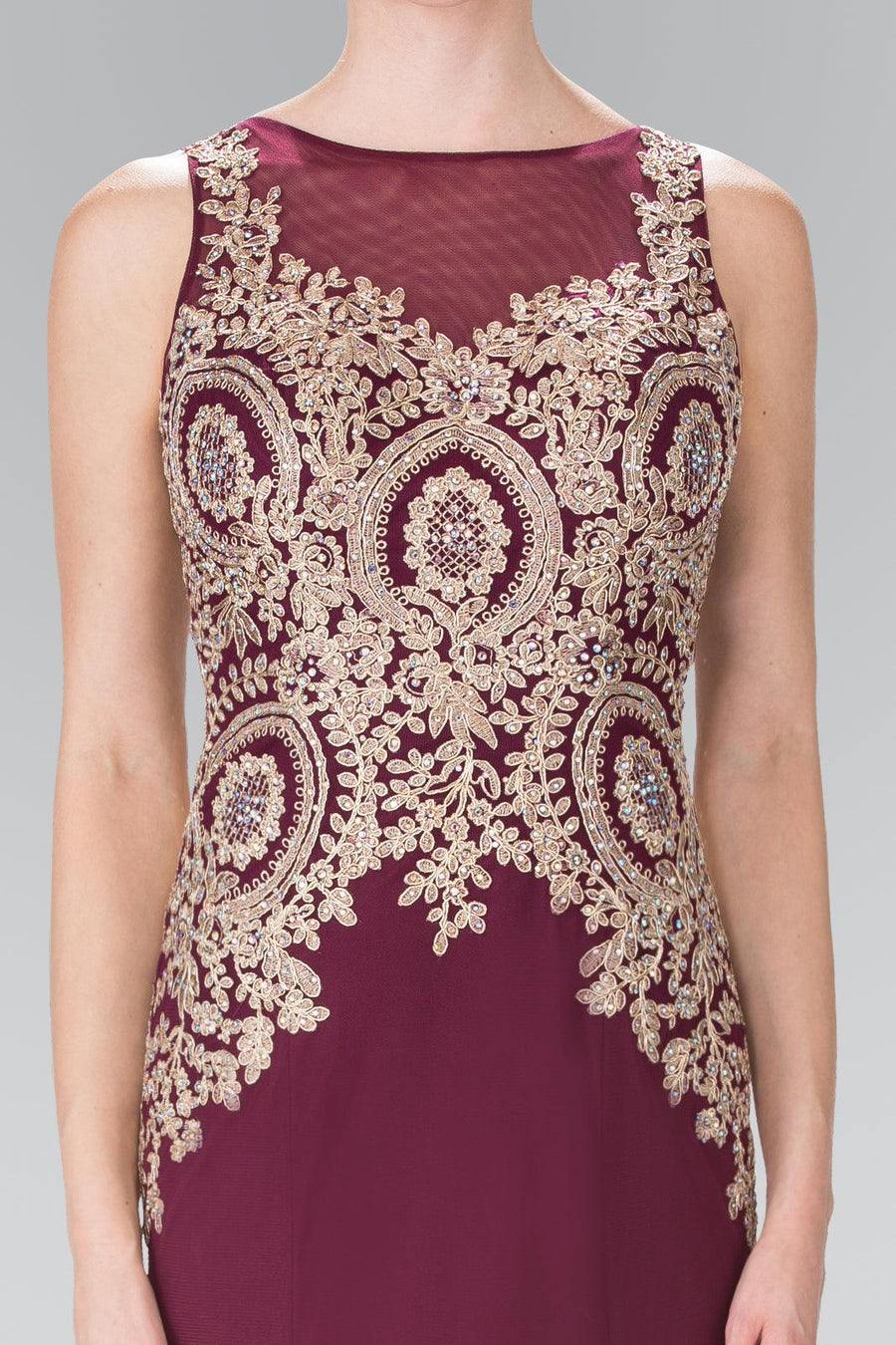 Embroidered Boidce Long Prom Dress with Sheer Back - The Dress Outlet Elizabeth K