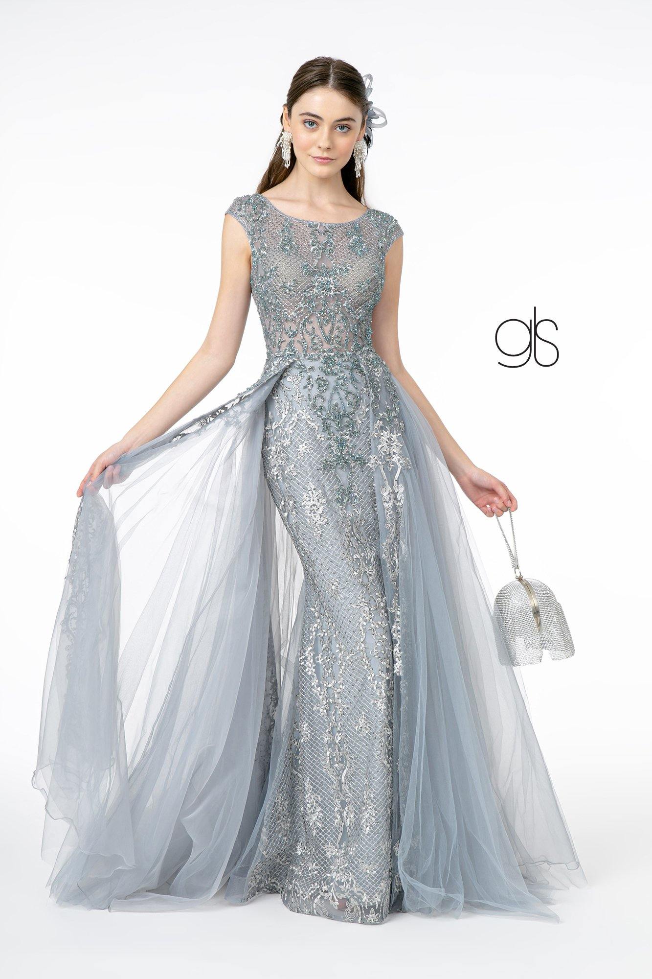 Embroidered Mesh A-Line Long Prom Dress - The Dress Outlet Elizabeth K