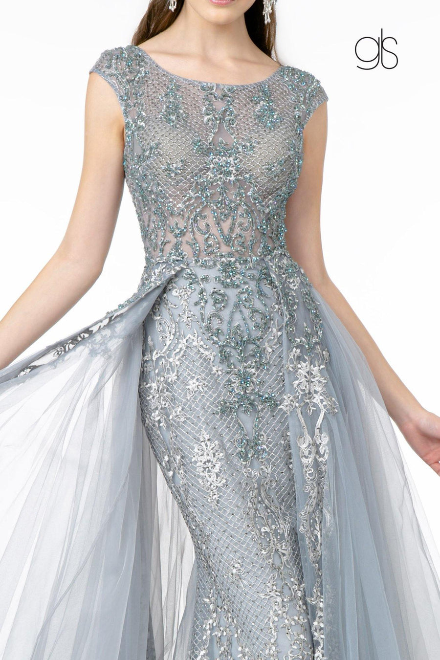 Embroidered Mesh A-Line Long Prom Dress - The Dress Outlet Elizabeth K