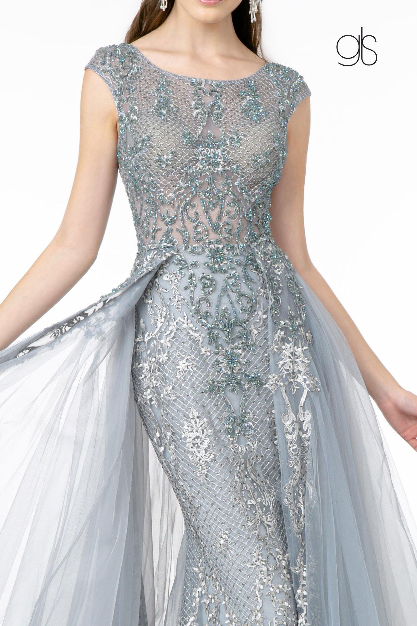 Embroidered Mesh A-Line Long Prom Dress - The Dress Outlet Elizabeth K