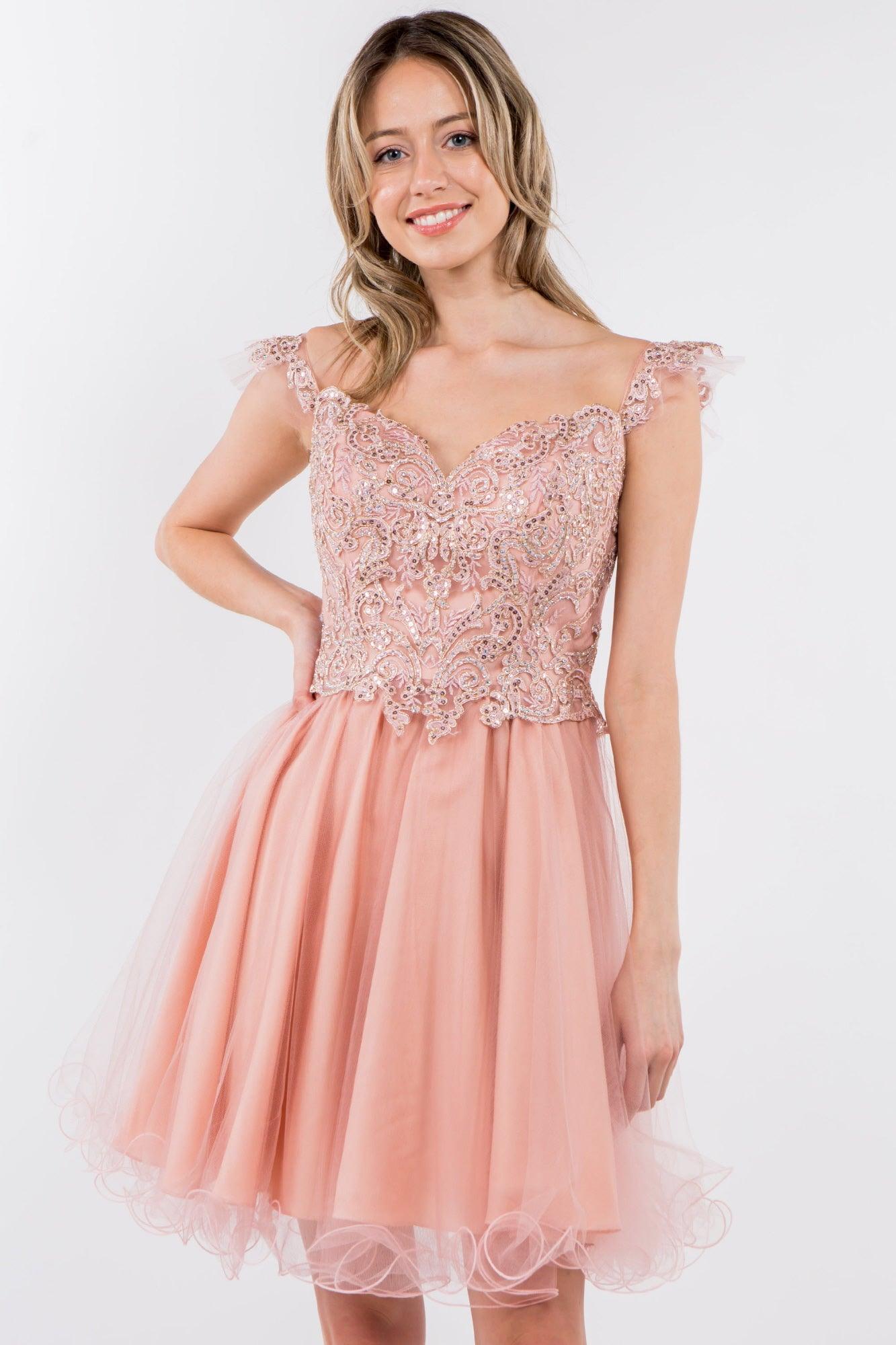 Embroidered Ruffle Short Homecoming Dress - The Dress Outlet
