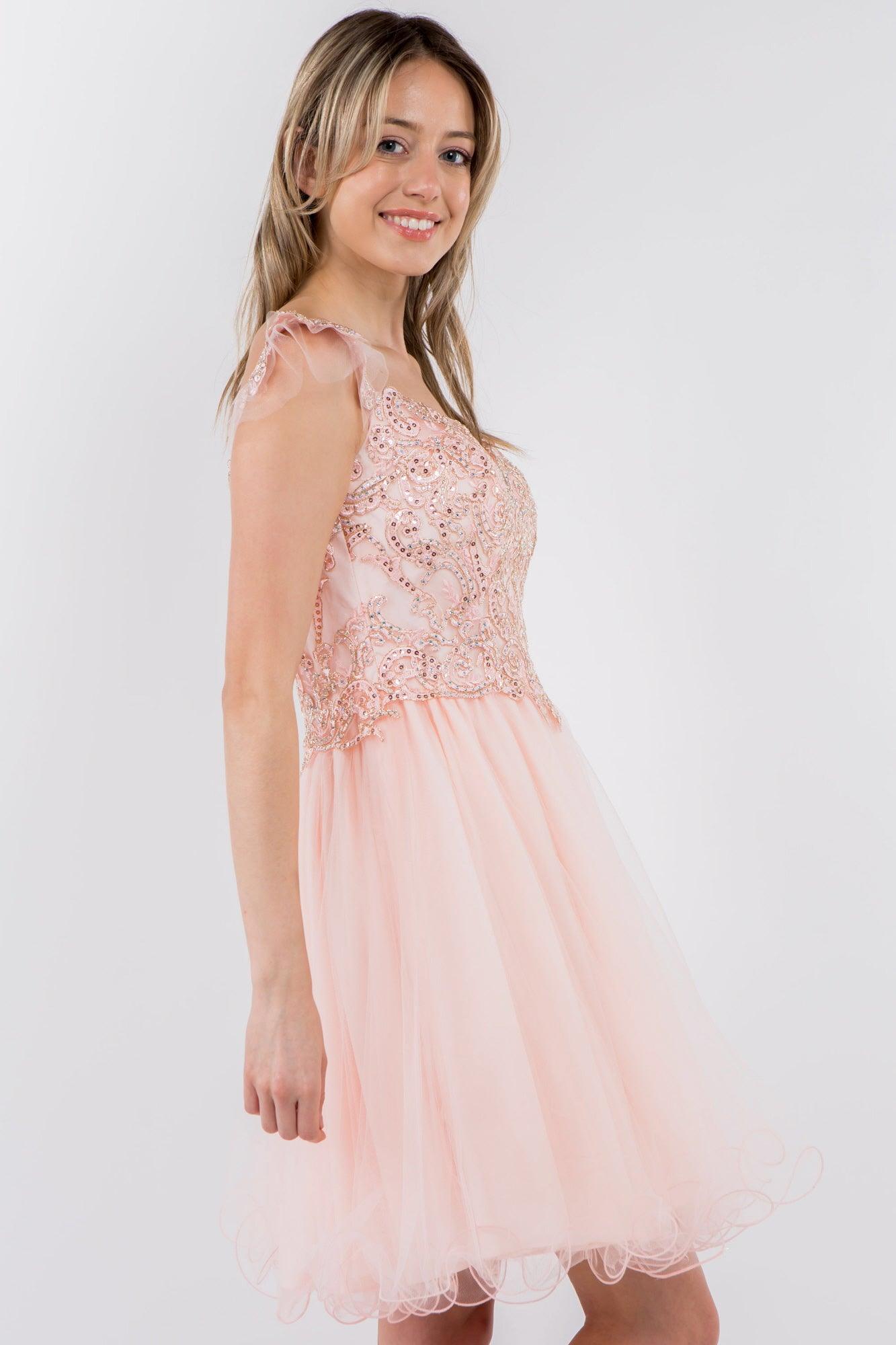 Embroidered Ruffle Short Homecoming Dress - The Dress Outlet