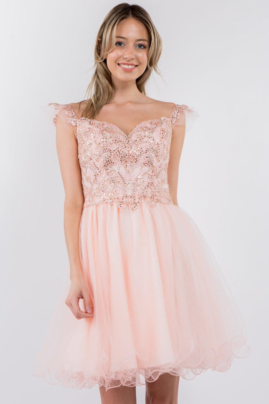 Embroidered Ruffle Short Homecoming Dress - The Dress Outlet