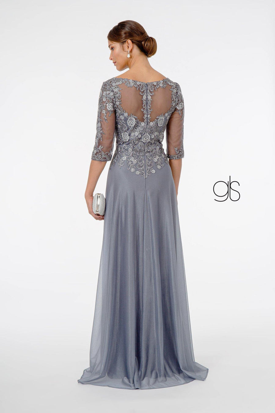 Embroidery Embellished V-Neck Long Formal Dress - The Dress Outlet Elizabeth K