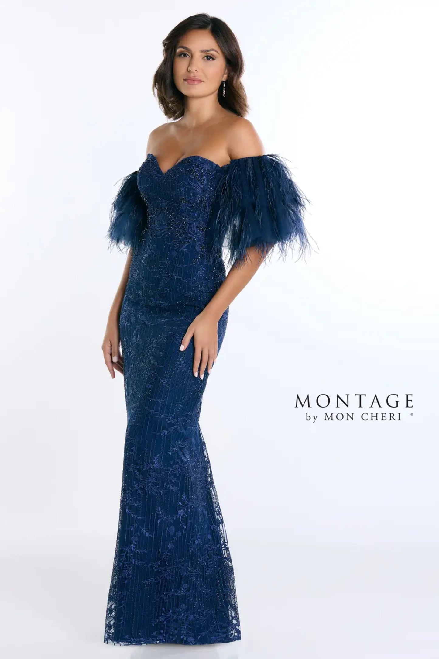 Formal Dresses Fitted Long Formal Detachable Feather Sleeves Evening Dress Navy Blue