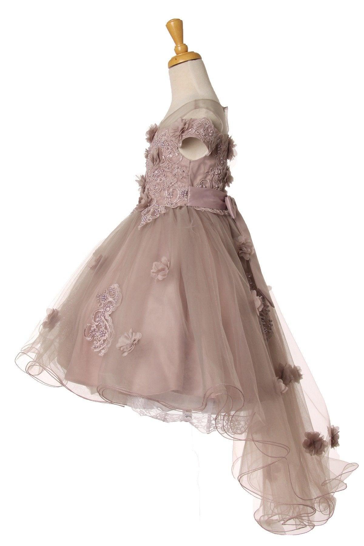 Floral Off Shoulder High Low Flower Girl Dress - The Dress Outlet