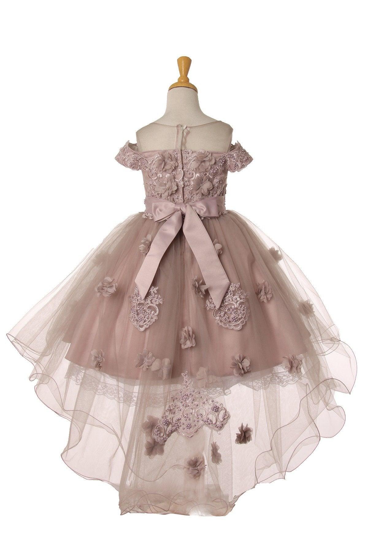 Floral Off Shoulder High Low Flower Girl Dress - The Dress Outlet