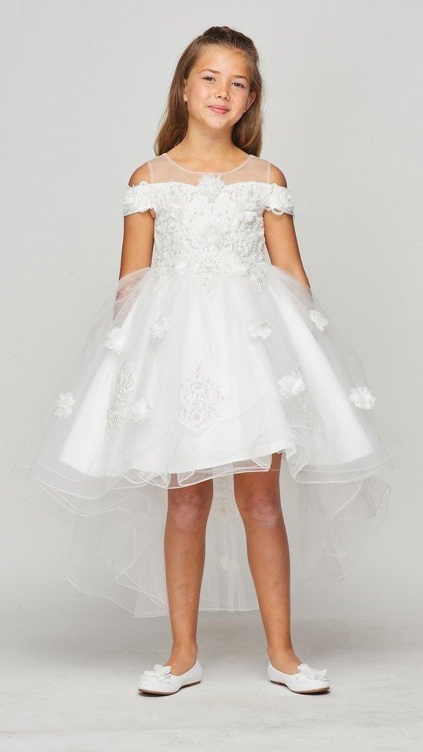 Floral Off Shoulder High Low Flower Girl Dress - The Dress Outlet