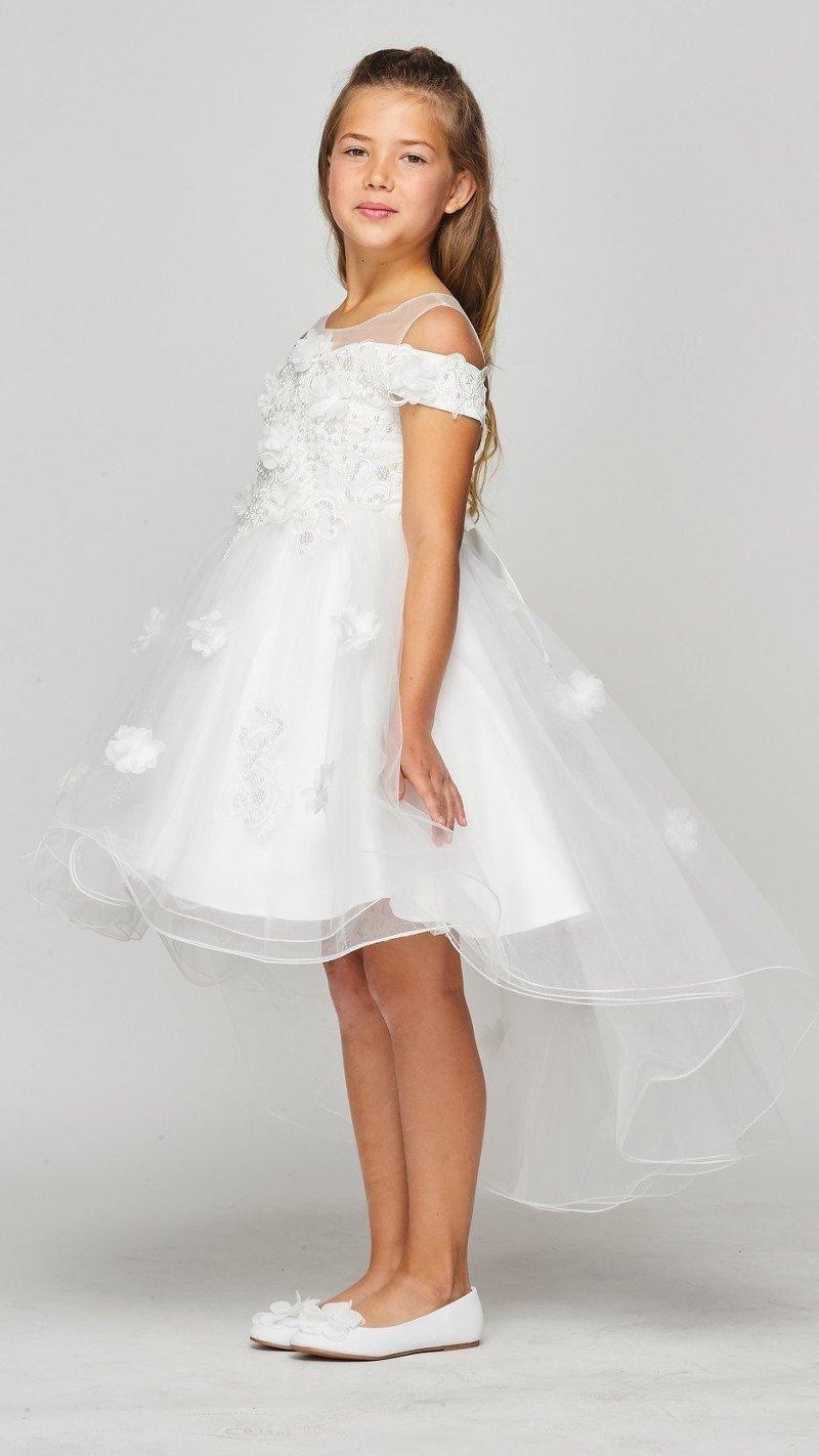 Floral Off Shoulder High Low Flower Girl Dress - The Dress Outlet