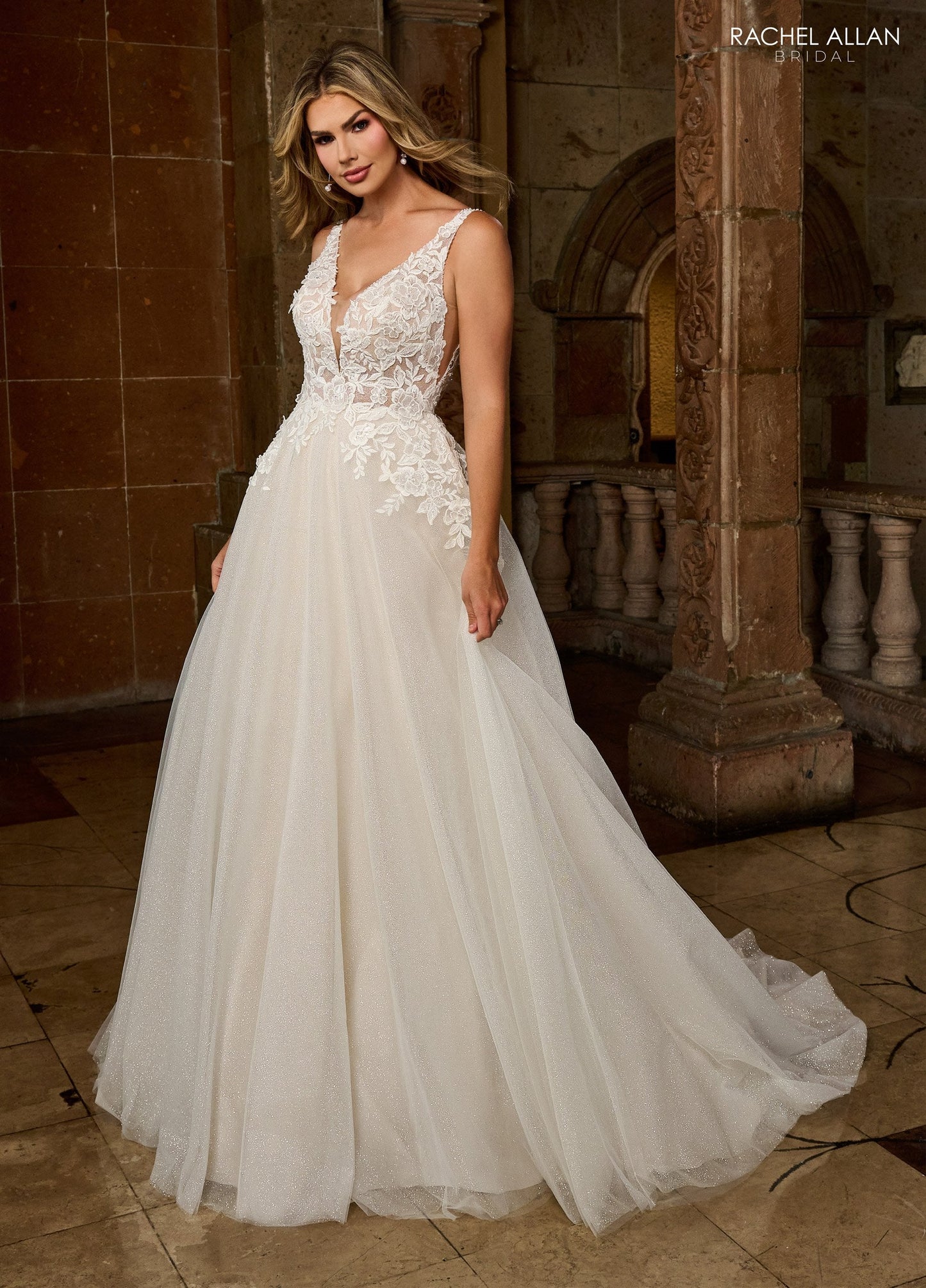 Wedding Dresses Glitter 3D Floral Applique Long A Line Wedding Dress Ivory