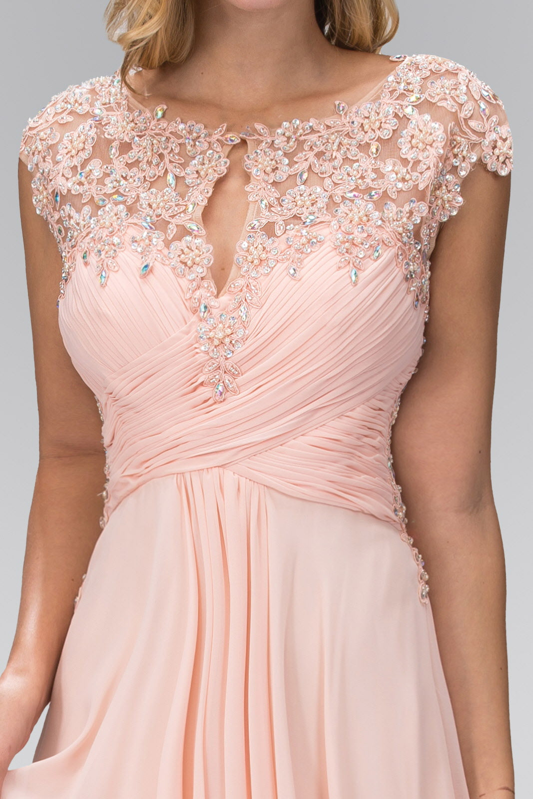 Long Formal Cap Sleeve Ruched Bodice Prom Dress - The Dress Outlet Elizabeth K Peach