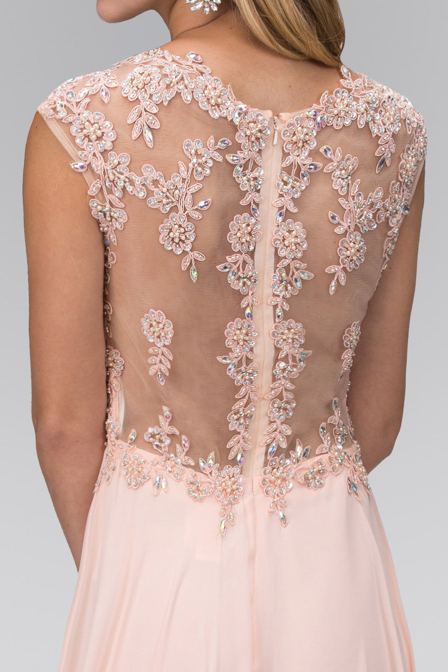 Long Formal Cap Sleeve Ruched Bodice Prom Dress - The Dress Outlet Elizabeth K Peach