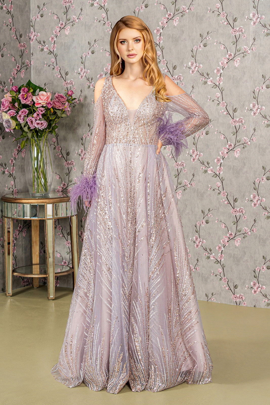 Long Sleeves Glitter A-line Long Prom Dress Lilac