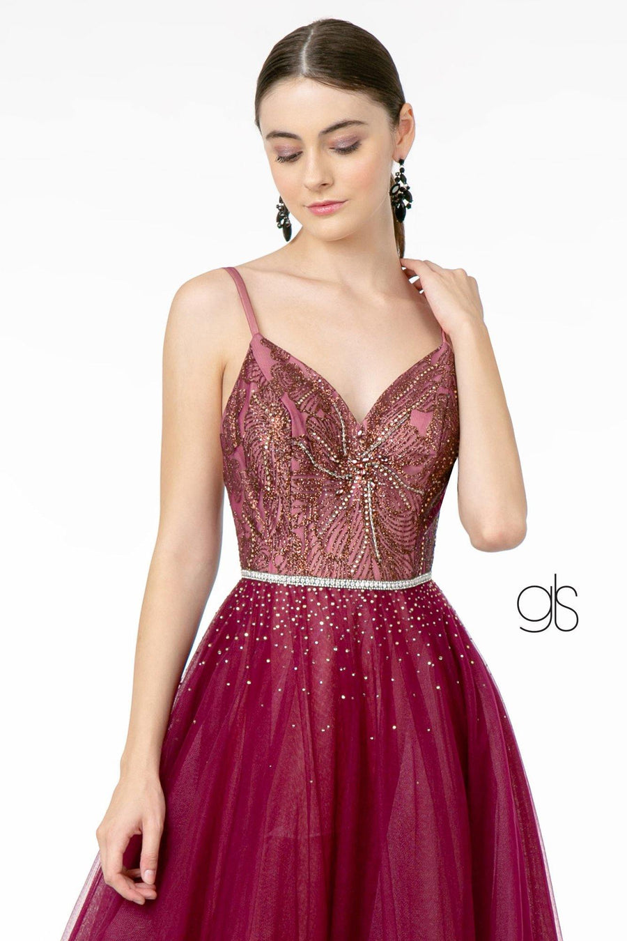 Gliiter Mesh A-Line Long Prom Dress - The Dress Outlet Elizabeth K