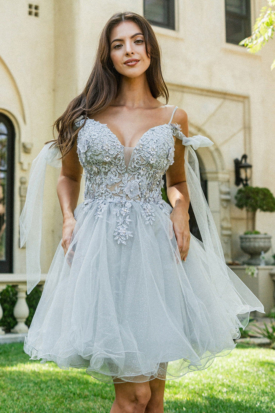 Cocktail Dresses  Homecoming 3D Flower Glitter Short Cocktail Silver