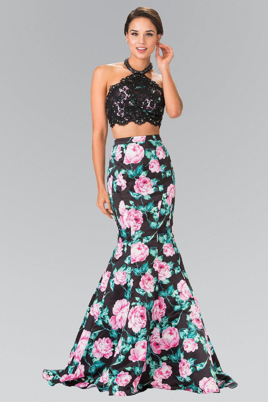 Halter-Neck Two-Piece Floral Print Long Prom Dress - The Dress Outlet Elizabeth K
