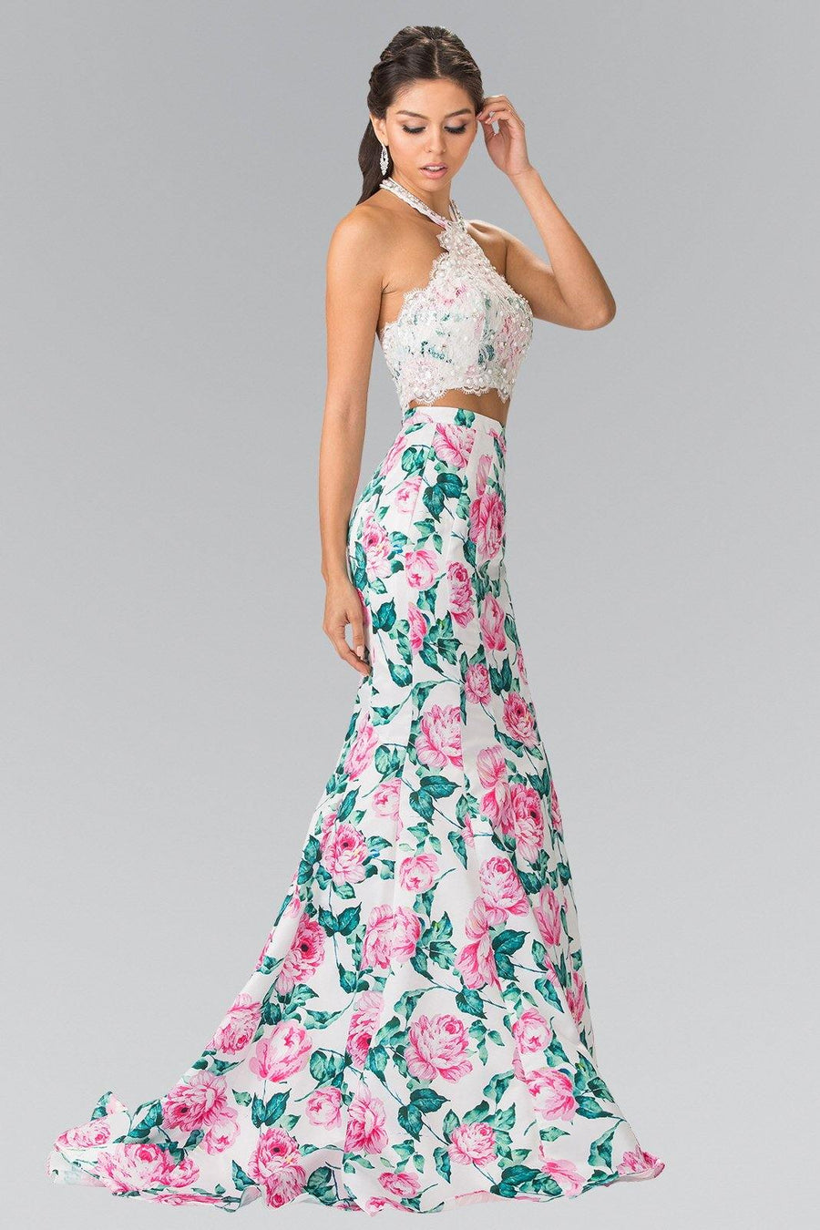 Halter-Neck Two-Piece Floral Print Long Prom Dress - The Dress Outlet Elizabeth K