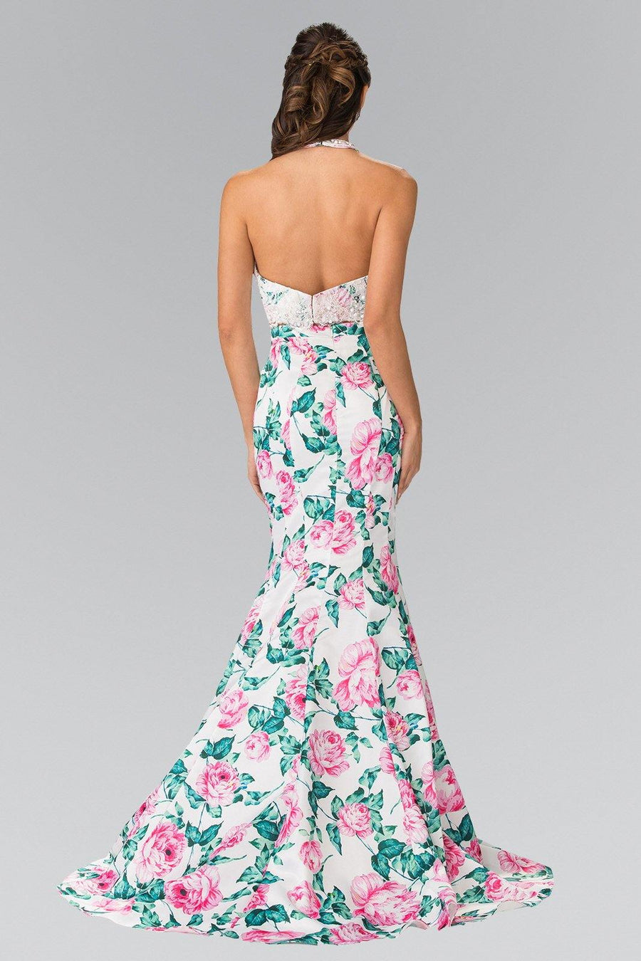 Halter-Neck Two-Piece Floral Print Long Prom Dress - The Dress Outlet Elizabeth K