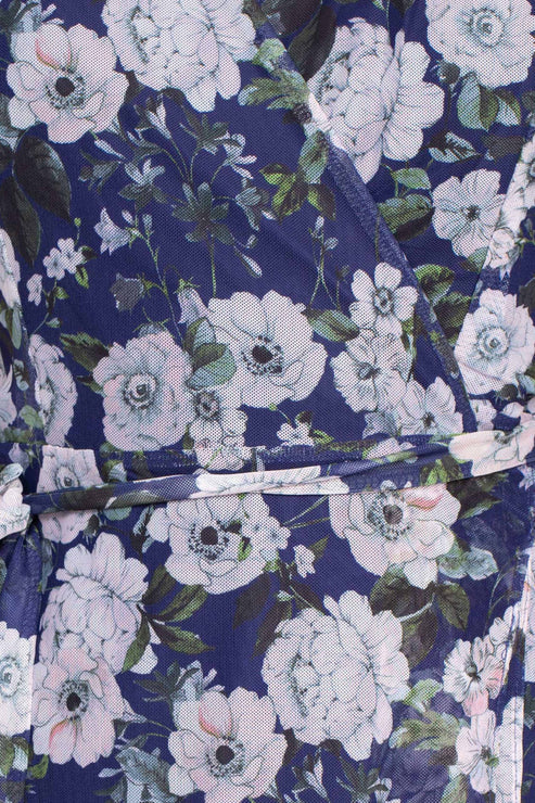 Cocktail Dresses Long Sleeve Floral Print Cocktail Tea Length Dress Blue Multi