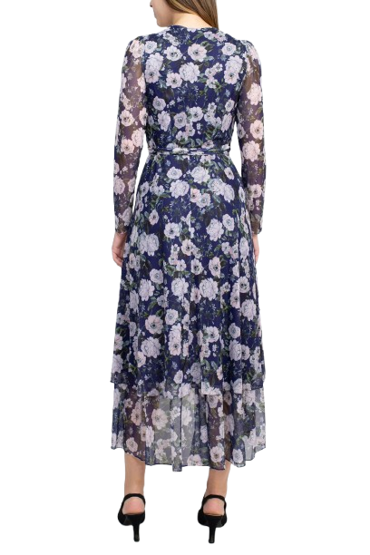 Cocktail Dresses Long Sleeve Floral Print Cocktail Tea Length Dress Blue Multi