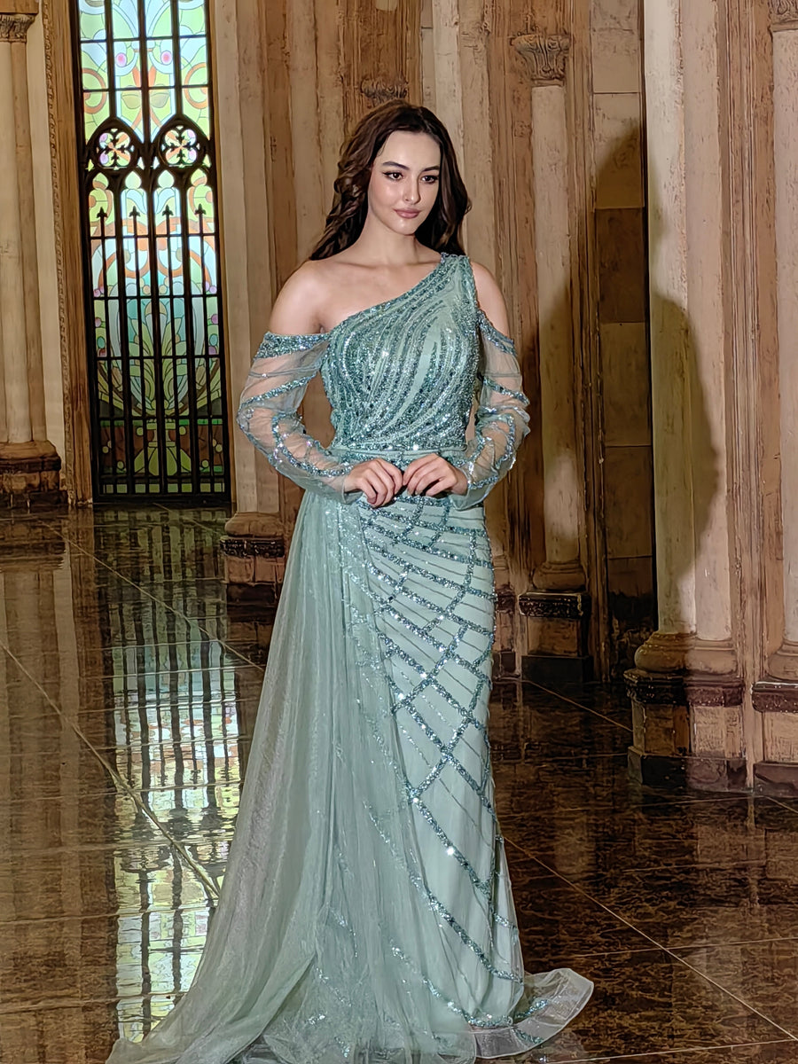 Formal Dresses Long Couture Long Sleeve Beaded Formal Dress Emerald Green