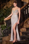 Prom Dresses Long Glitter Formal Beaded Slit Prom Dress Platinum