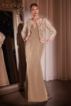 Formal Dresses LaDivine J881 Long Evening Fitted Formal Bolero Dress Taupe