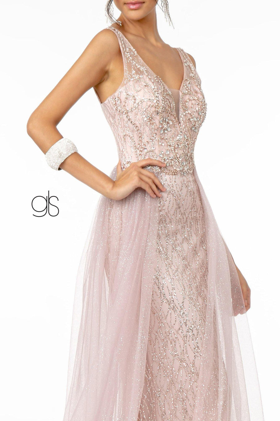 Jeweled Bodice Glitter Mesh A-Line Long Prom Dress - The Dress Outlet Elizabeth K