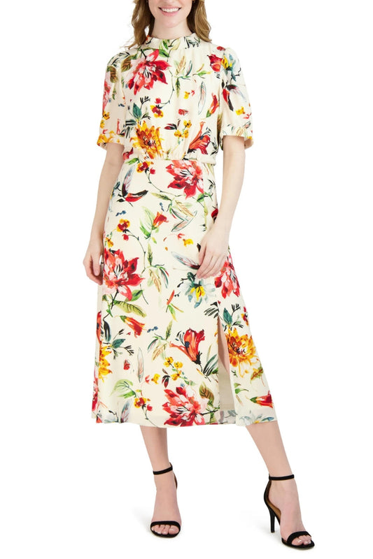 Cocktail Dresses Floral Print A Line Cocktail Midi Dress Ivory Multi