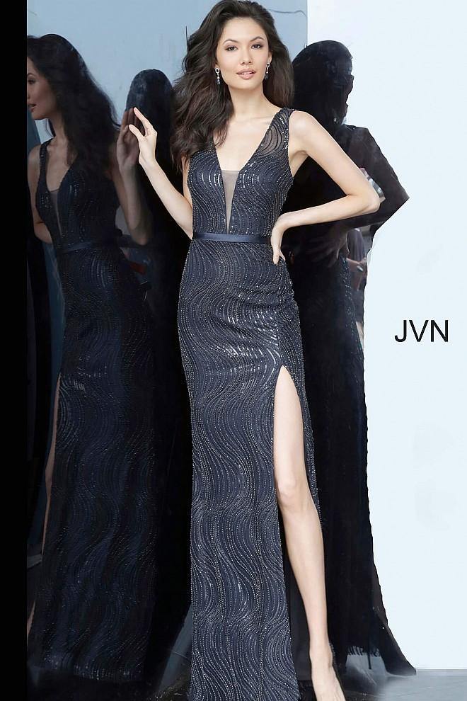 JVN By Jovani Long Formal Prom Dress JVN01012 Navy - The Dress Outlet Jovani