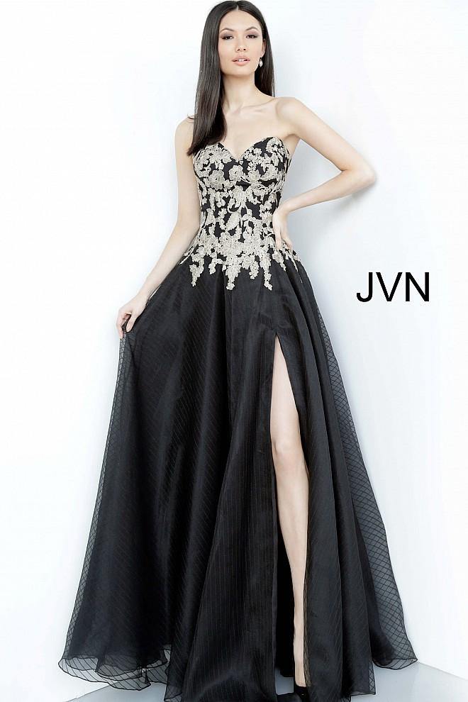 JVN By Jovani Long Prom Dress JVN64088 Black/Gold - The Dress Outlet Jovani