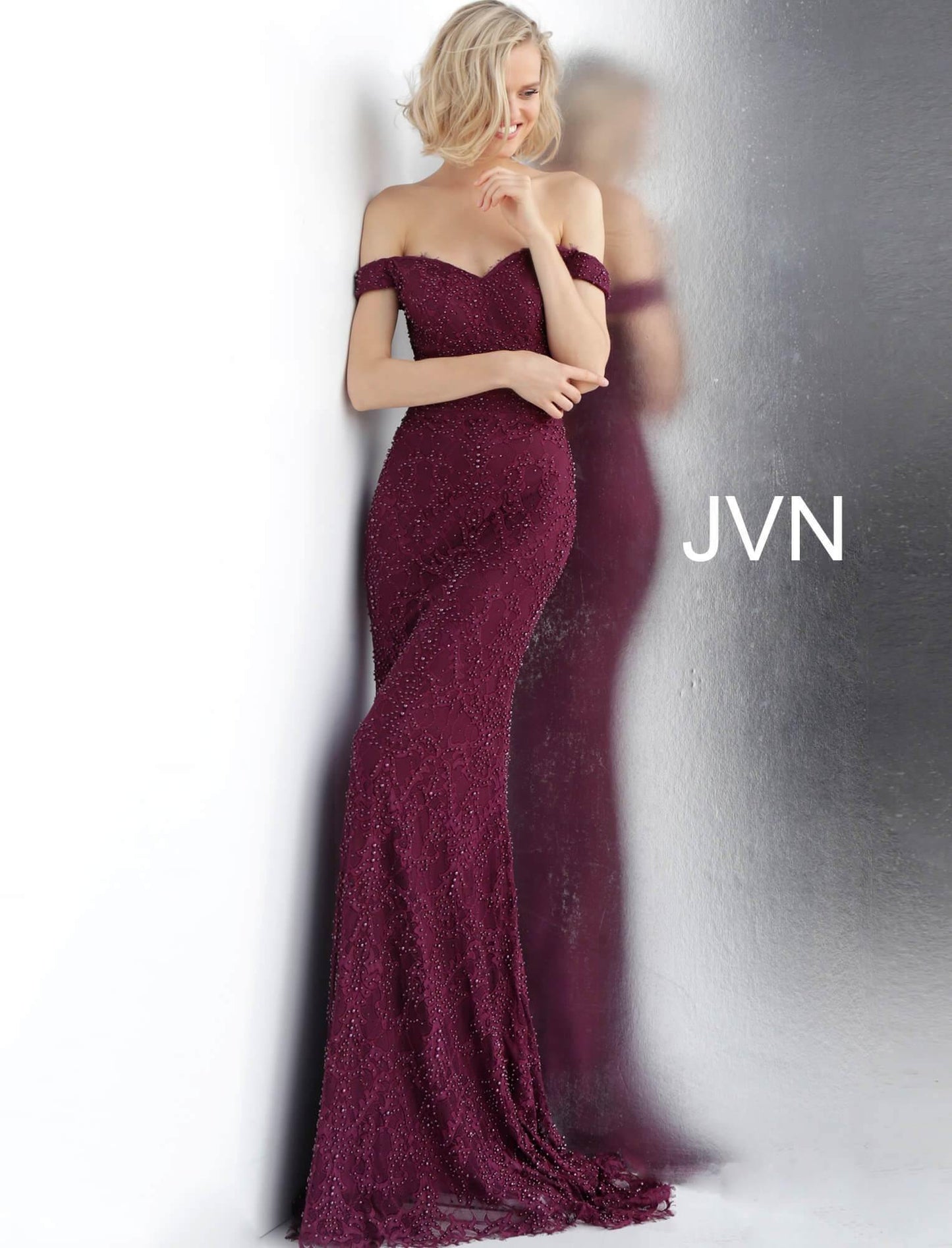 JVN By Jovani Off Shoulder Fitted Lace Prom Gown JVN66695 - The Dress Outlet Jovani