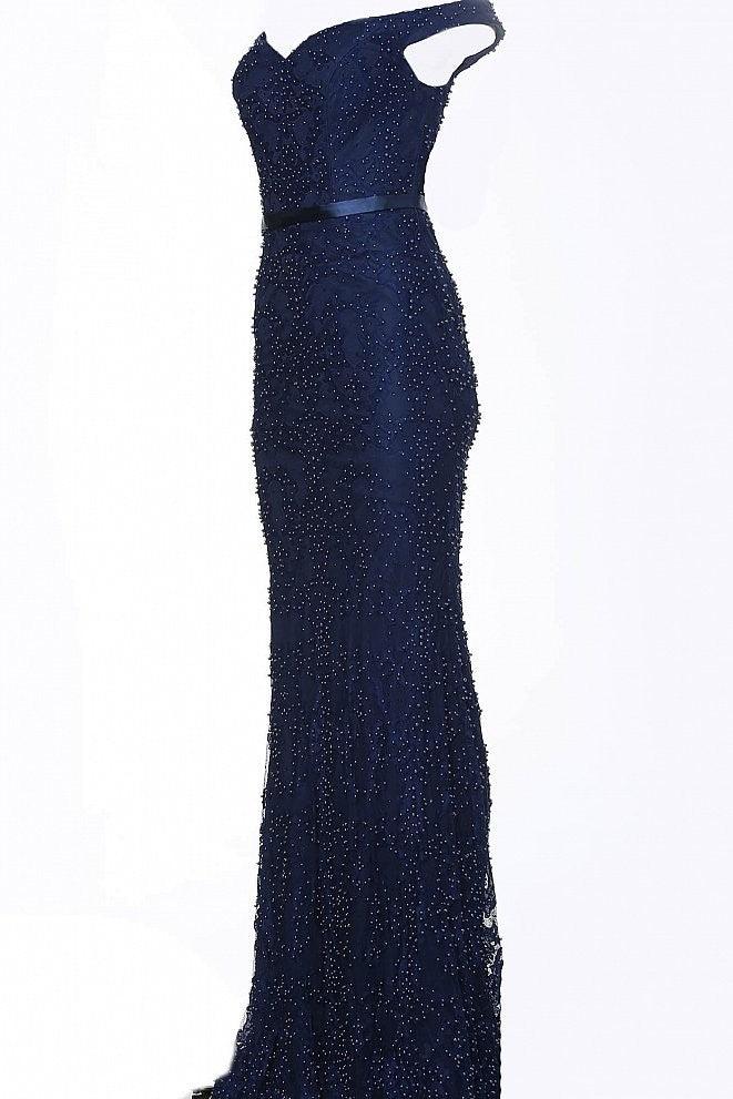 Jovani Off Shoulder Fitted Lace Prom Gown 66695 - The Dress Outlet