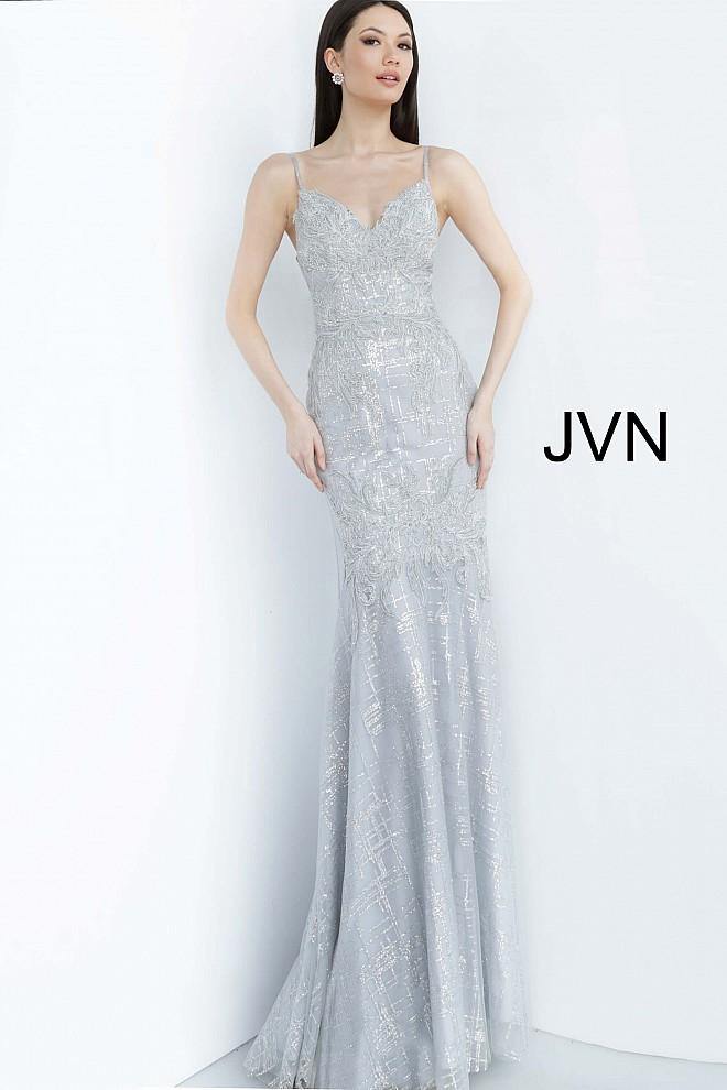 JVN By Jovani Long Formal Prom Gown JVN68134 Silver - The Dress Outlet Jovani