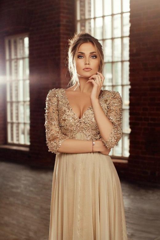 Jovani Long Formal Long Sleeve Chiffon Dress 88890 - The Dress Outlet