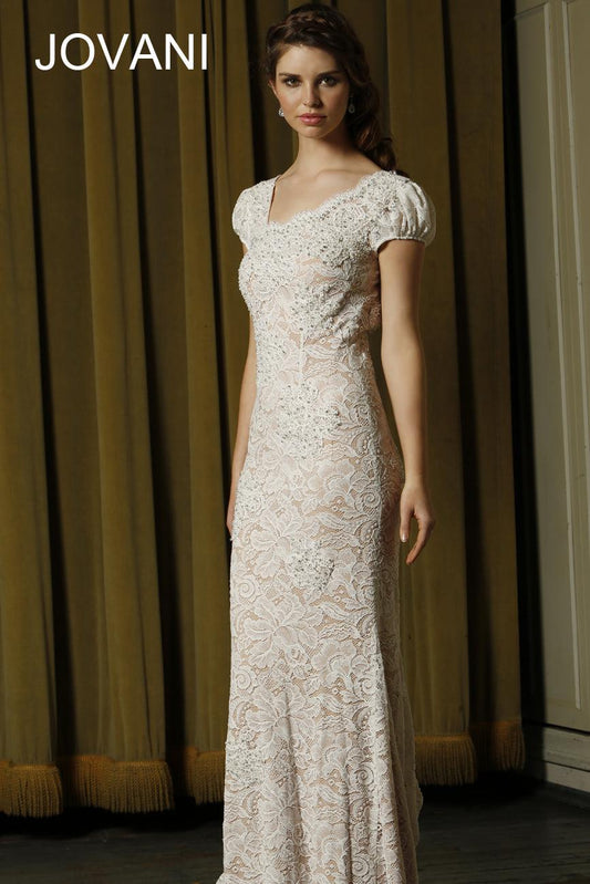 Jovani Short Sleeves Long Evening Dress 77553 - The Dress Outlet