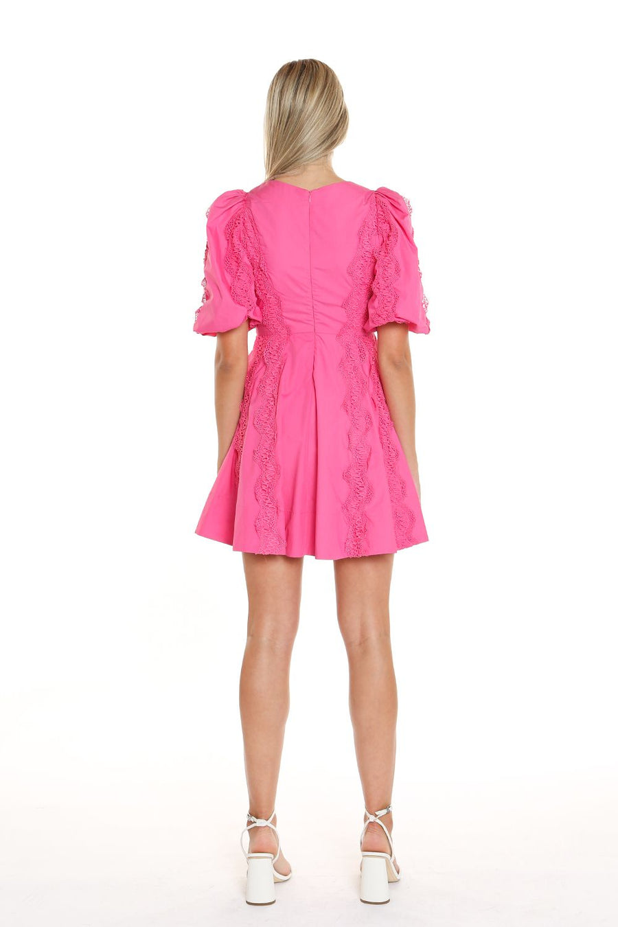 Cocktail Dresses Short V Neck Lace Trim Puff Shoulder Dress Fuchsia