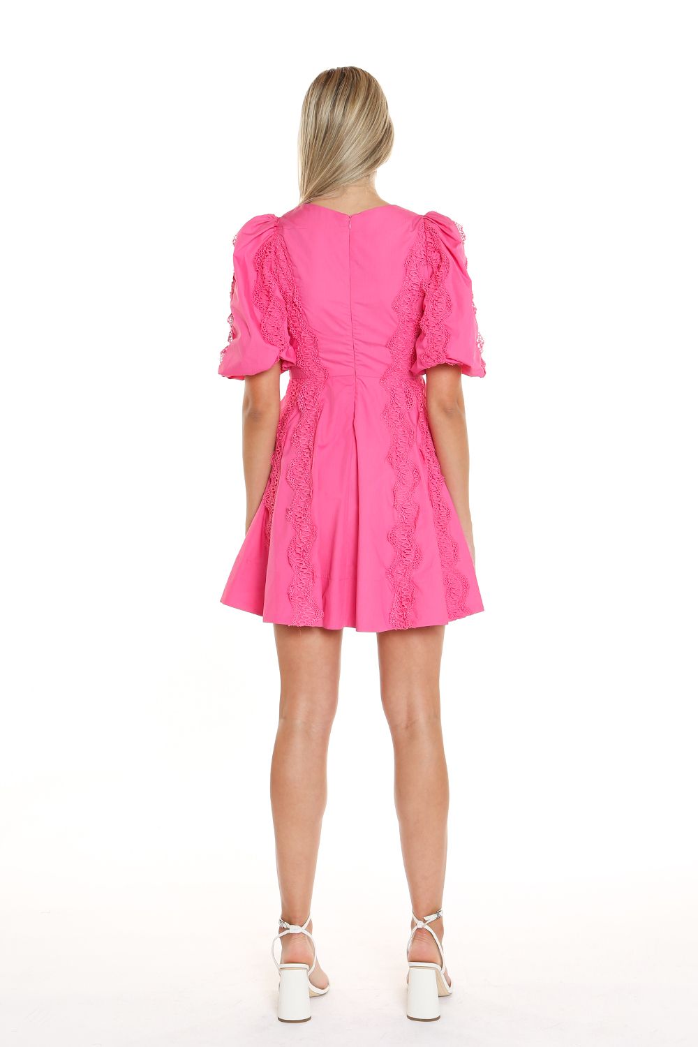 Cocktail Dresses Short V Neck Lace Trim Puff Shoulder Dress Fuchsia