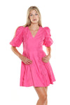 Cocktail Dresses Short V Neck Lace Trim Puff Shoulder Dress Fuchsia