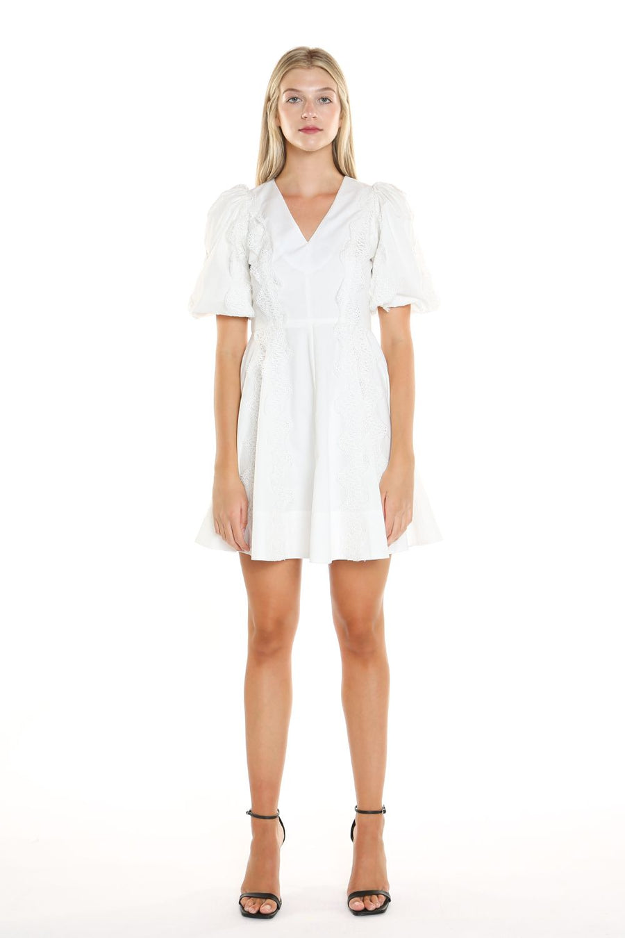 Cocktail Dresses Short V Neck Lace Trim Puff Shoulder Dress White