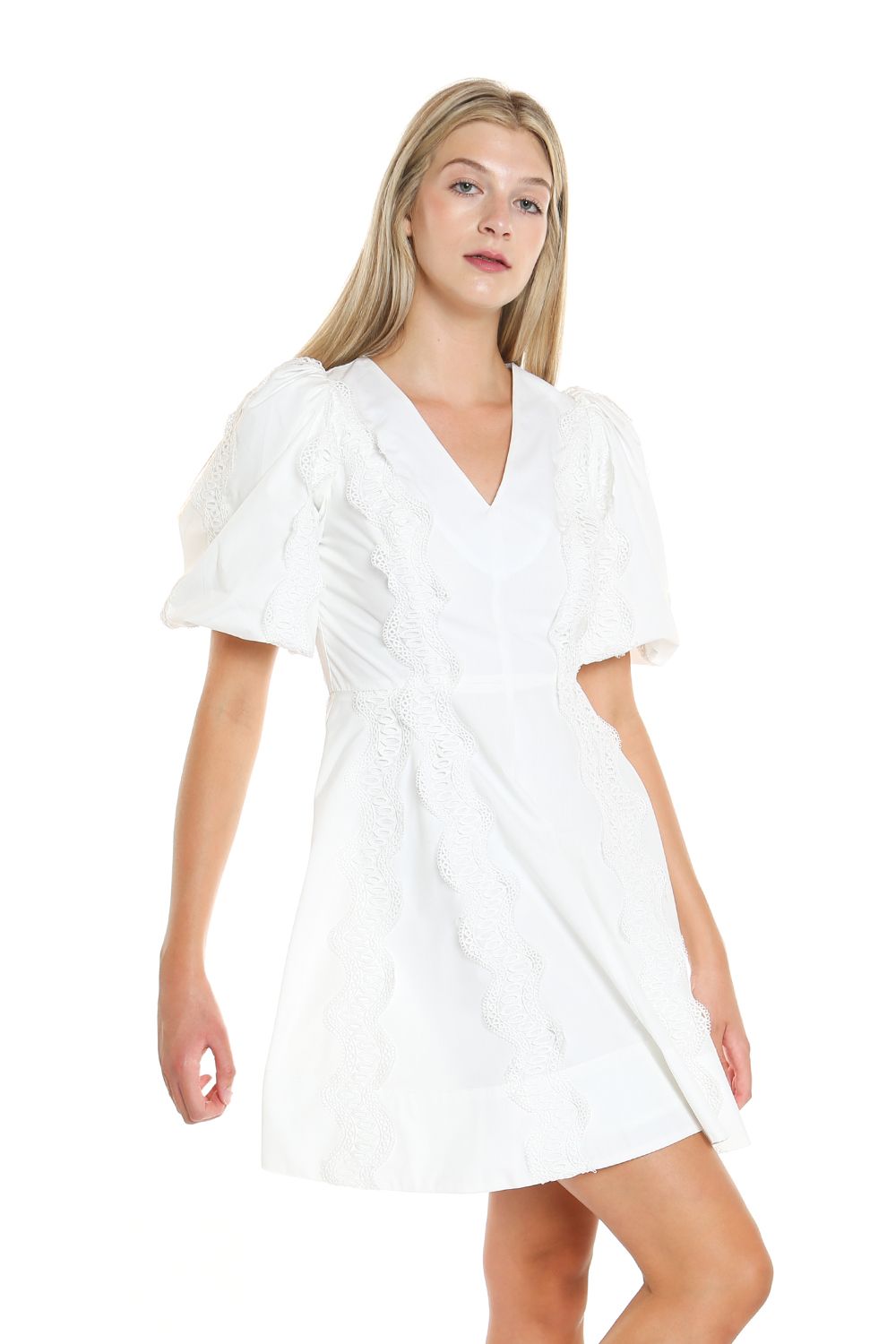 Cocktail Dresses Short V Neck Lace Trim Puff Shoulder Dress White