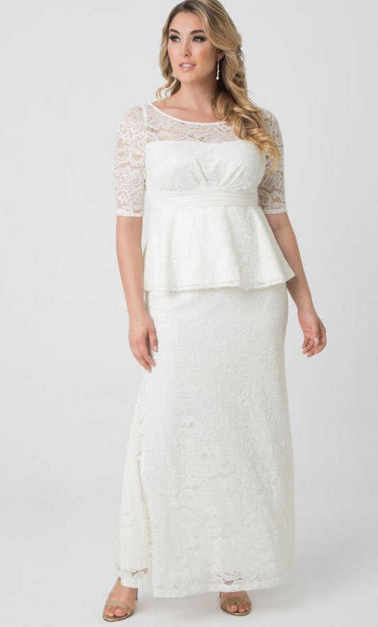 Kiyonna Long 3/4 Sleeve Peplum Wedding Gown - The Dress Outlet Kiyonna