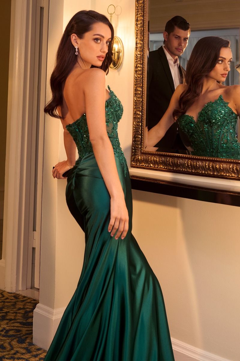 Prom Dresses  Fitted Long Formal lace Applique Prom Gown Emerald