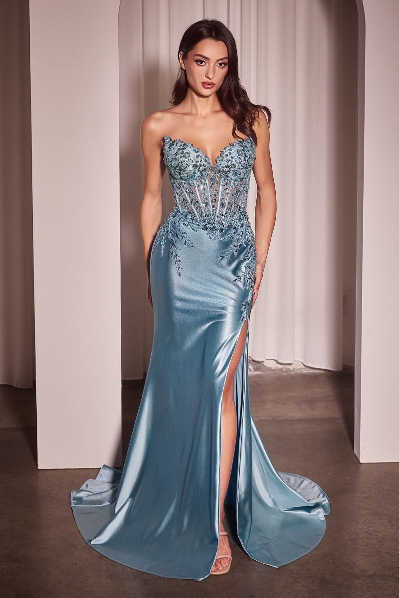 Prom Dresses  Fitted Long Formal lace Applique Prom Gown Lt Blue