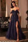 Prom Dresses A Line Long Formal Slit Corset Prom Gown Navy